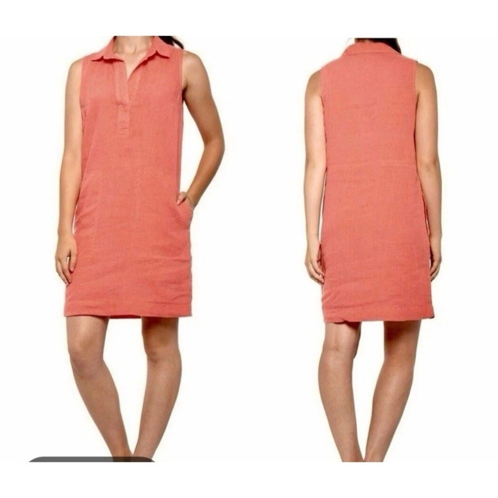 C&C California Linen Salmon Coral 12 Collared Sleeveless Shift Dress Pockets‎